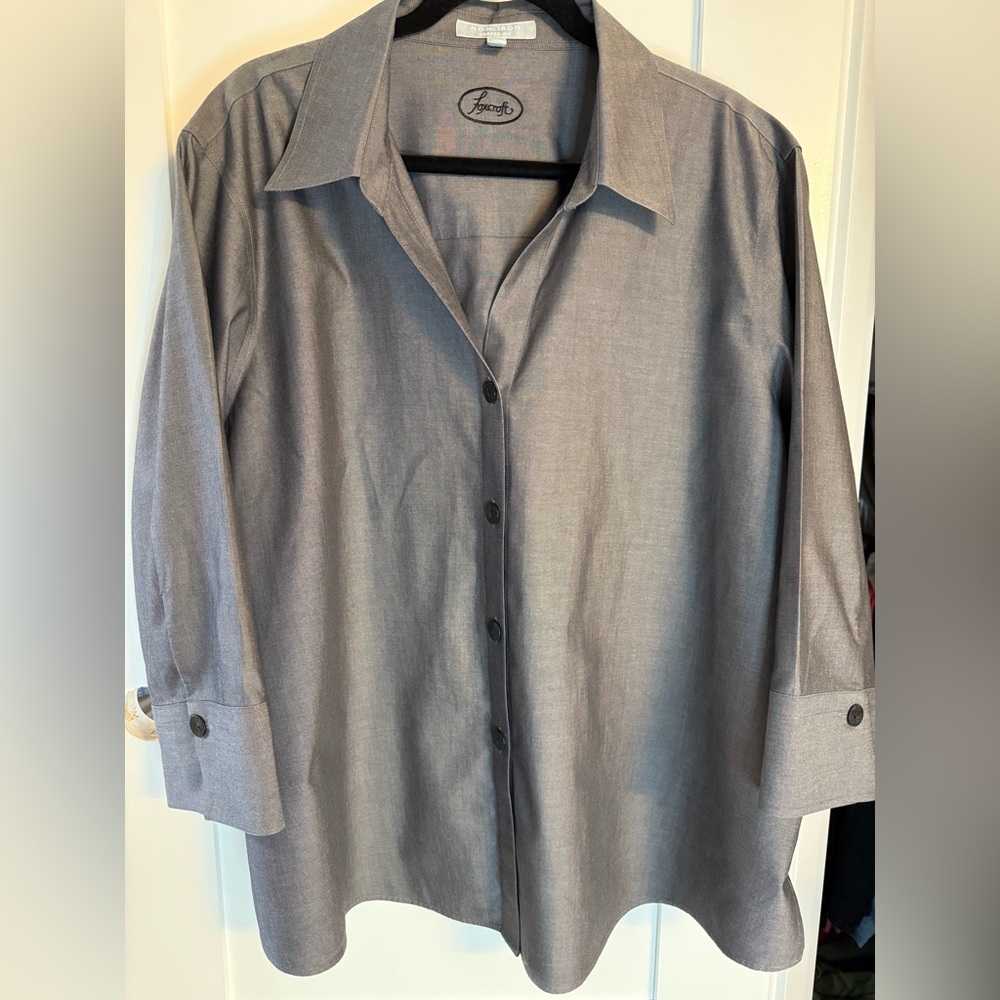 Foxcroft No-Iron Shaped Fit Button Up 3/4 Sleeve Charcoal Gray 24w Plus Size